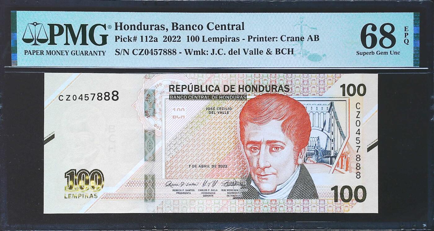 世界靓号纸钞第七十八期 2022年洪都拉斯100伦皮 次大面值 豹子号888 PMG68 超高分 冠军分 仅五张
