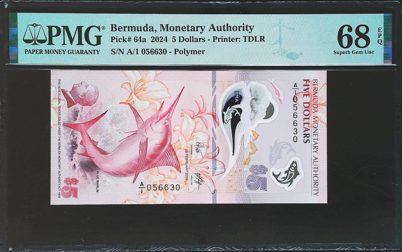 世界靓号纸钞第七十八期 2024年百慕大5元 首发A1冠 全程无47 PMG68 2024年IBNS世界最佳纸币