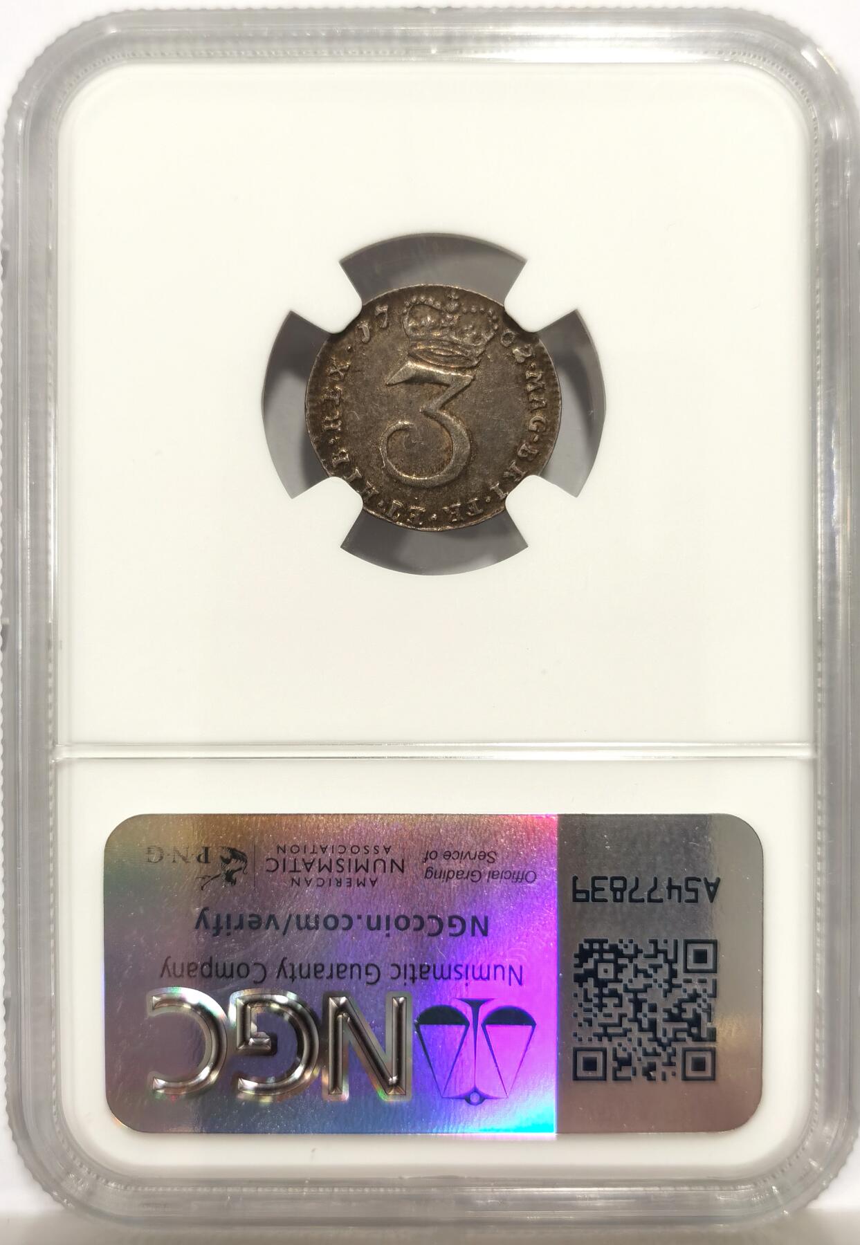 博洋堂世界钱币拍卖第147期（全场包邮） NGC AU53 英国1762乔治三世三便士濯足币，乔治三世濯足中最大的难点，这枚五彩包浆状态非常好，应为58分左右的状态，略有低评
