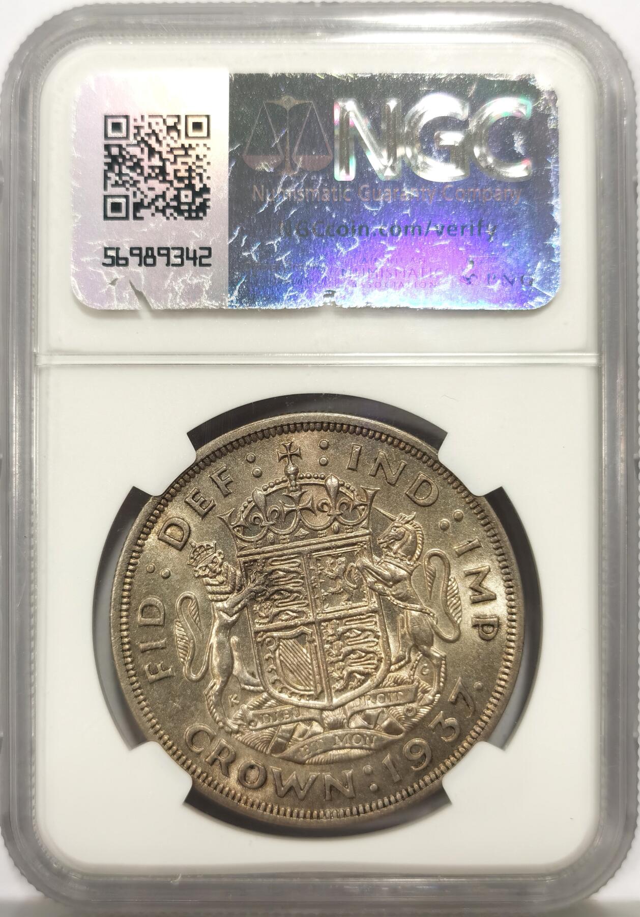 博洋堂世界钱币拍卖第147期（全场包邮） NGC MS63 英国1937年乔治六世登基1克朗银币，原汁原味老包浆，包浆醇厚，转光强烈细节优秀，极美黄油彩。