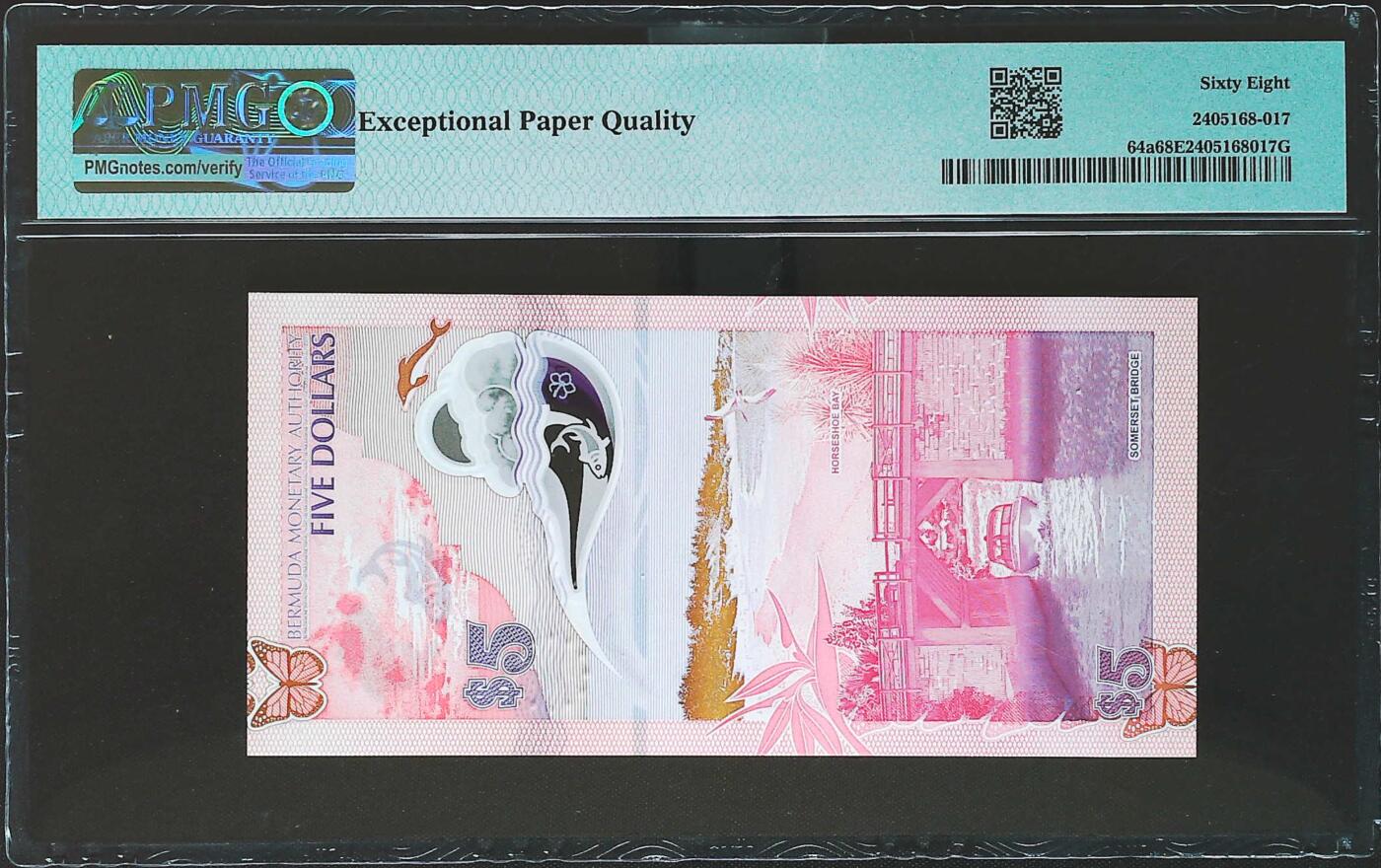 世界靓号纸钞第七十八期 2024年百慕大5元 首发A1冠 全程无347 PMG68 2024年IBNS世界最佳纸币