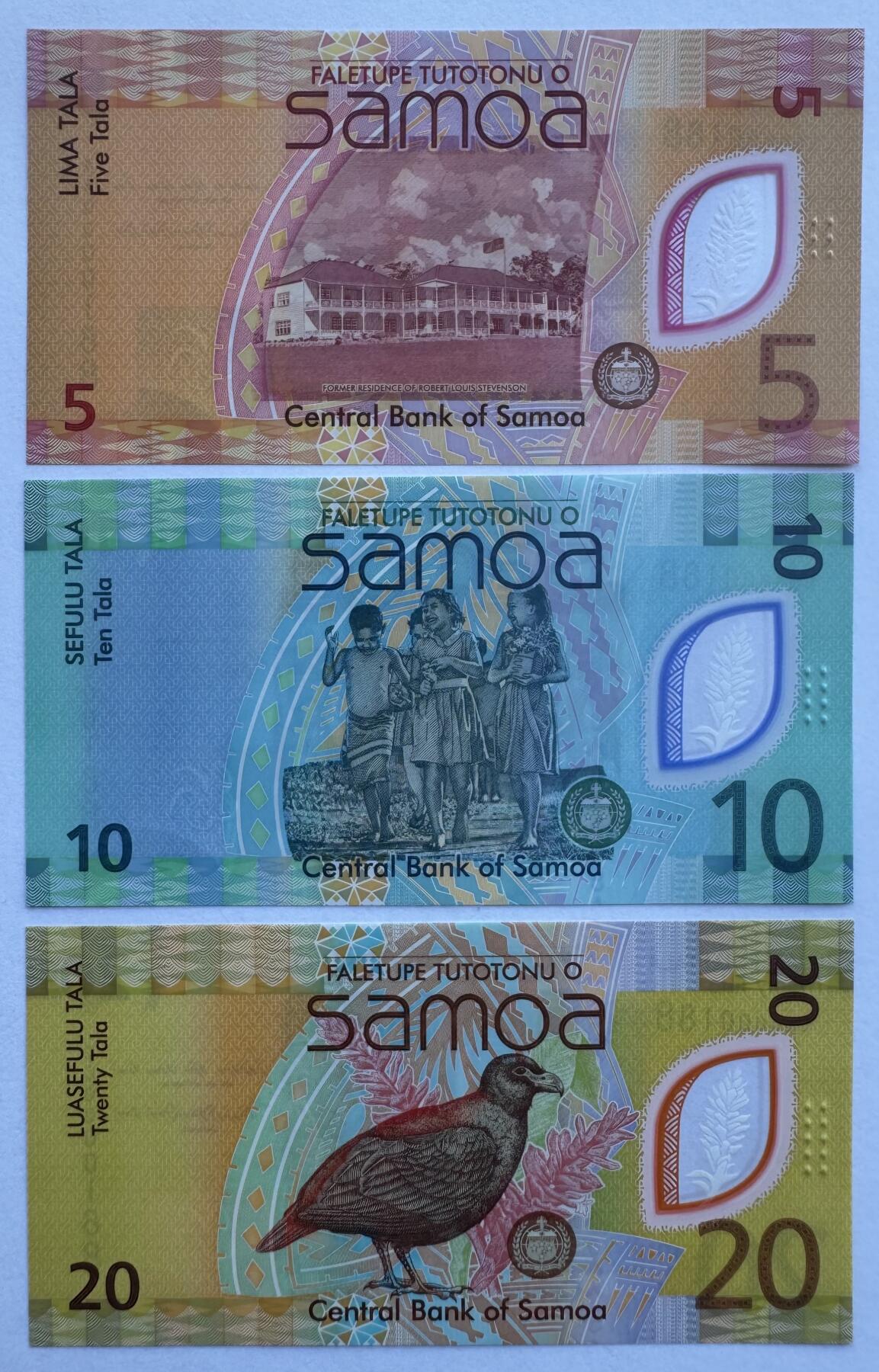 2025第25场（总第225期）：精品测试钞、纪念钞、塑料钞、连体钞综合场 首发百位小号/全同倒置号0000188 萨摩亚2023年版5、10、20塔拉塑料钞一组3枚UNC