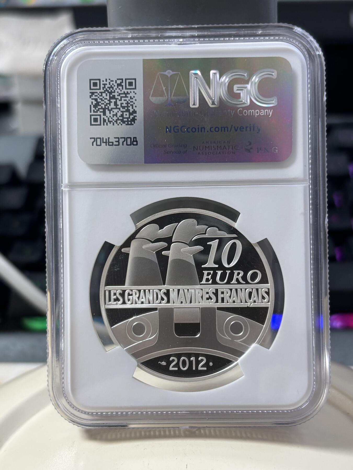 第182期拍卖 获奖法国2012年伟大船舶法兰西号邮轮银币NGC-PF69无盒无证书，900银，22.2克，发行10000枚，获年度最佳银币