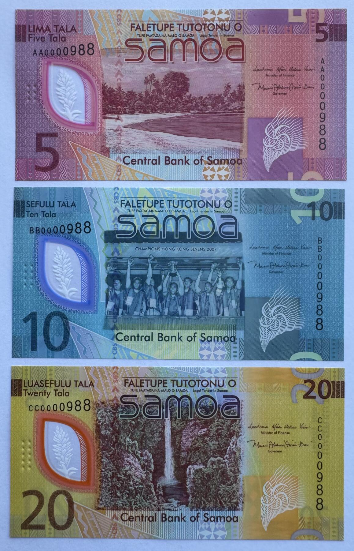 2025第25场（总第225期）：精品测试钞、纪念钞、塑料钞、连体钞综合场 首发百位小号/全同倒置号0000988 萨摩亚2023年版5、10、20塔拉塑料钞一组3枚UNC
