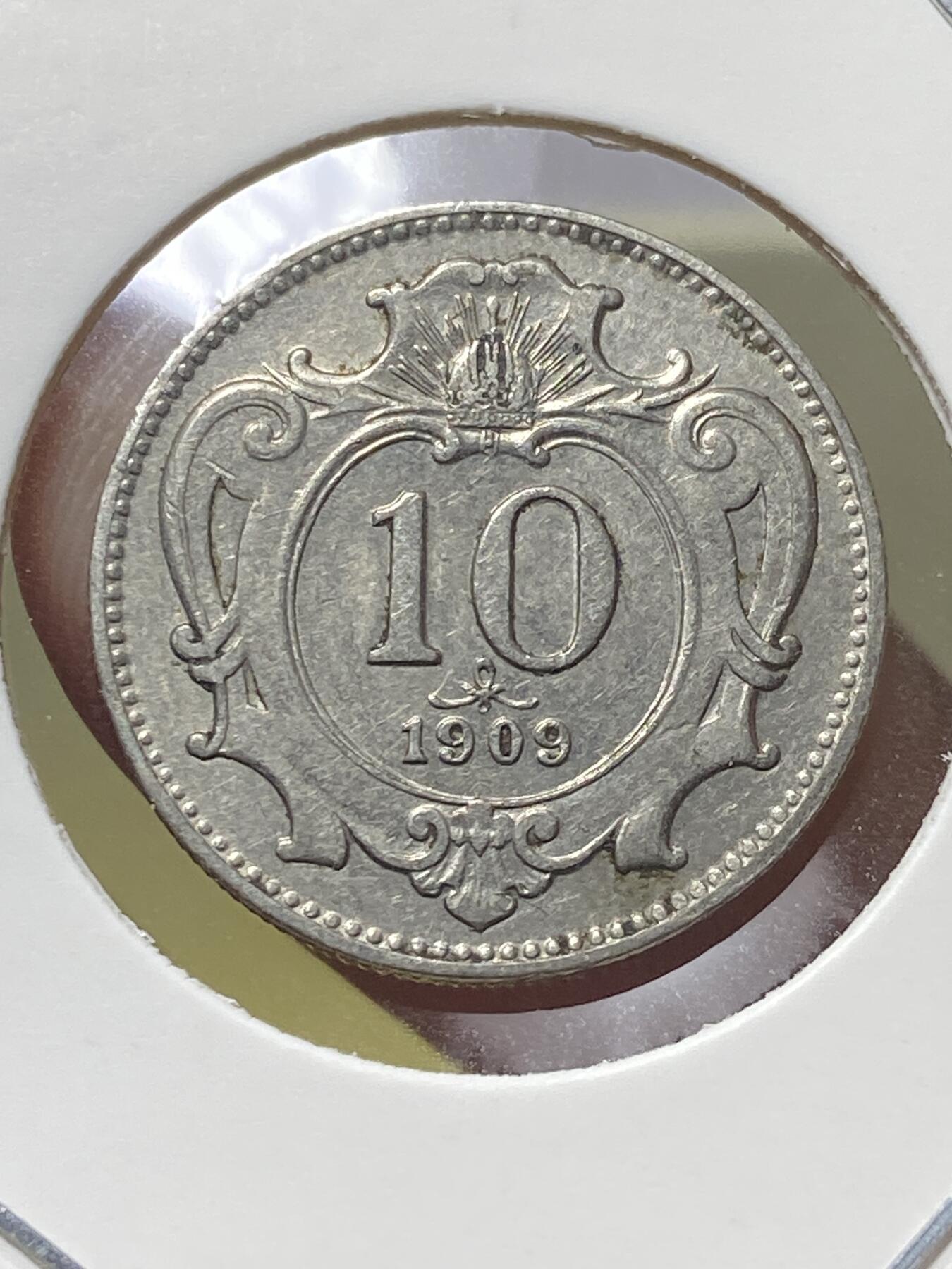 2025年第一百三十一场(总第一百五十七场）外国好品纸夹散币场(免佣金) 奥地利1909年10赫勒(奥匈帝国，弗朗茨·约瑟夫一世时期，纯镍材质版)