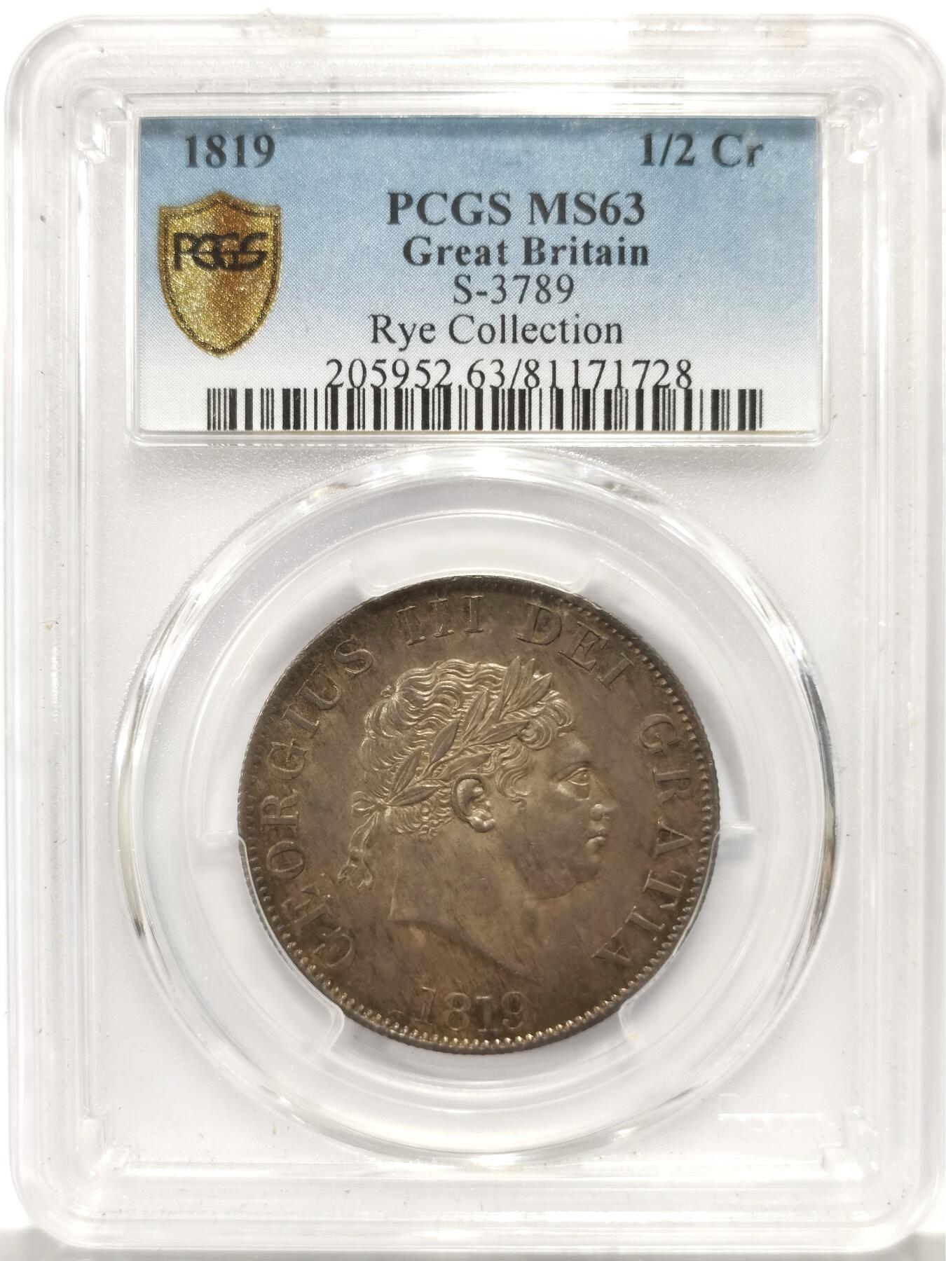 博洋堂世界钱币拍卖第147期（全场包邮） PCGS MS63 英国1819年乔三小牛头半克朗，金彩灰包浆，所见最美状态，收藏级别