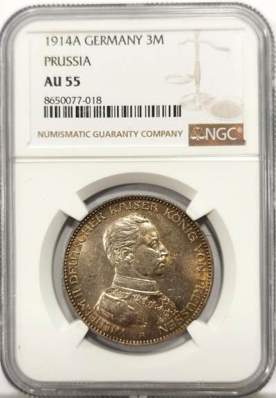 博洋堂世界钱币拍卖第147期（全场包邮） - NGC AU55 德国普鲁士1914年威廉二世军装3马克银币