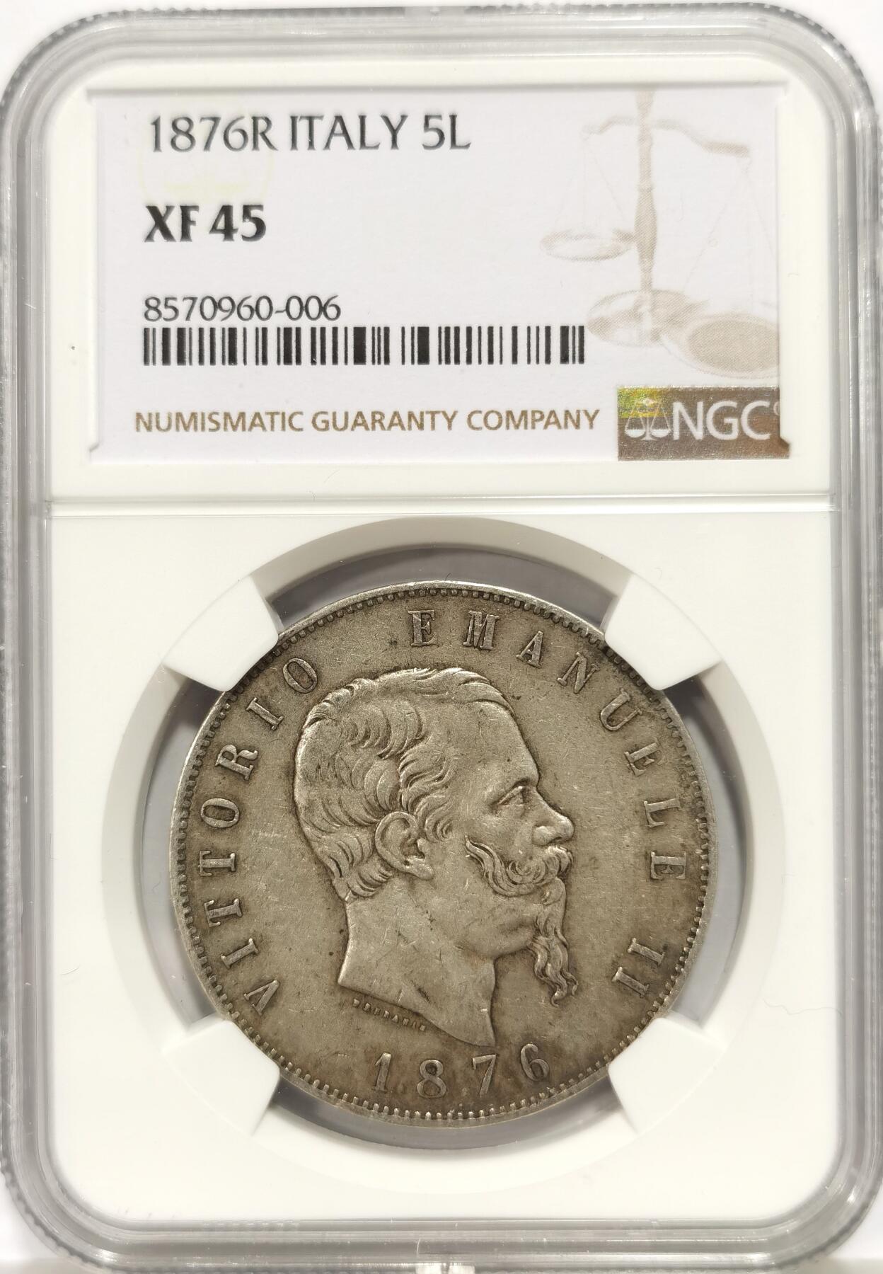 博洋堂世界钱币拍卖第147期（全场包邮） NGC XF45 意大利1876R伊曼纽尔二世五里拉，老包浆原味美品，状态好