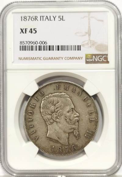 博洋堂世界钱币拍卖第147期（全场包邮） - NGC XF45 意大利1876R伊曼纽尔二世五里拉，老包浆原味美品，状态好