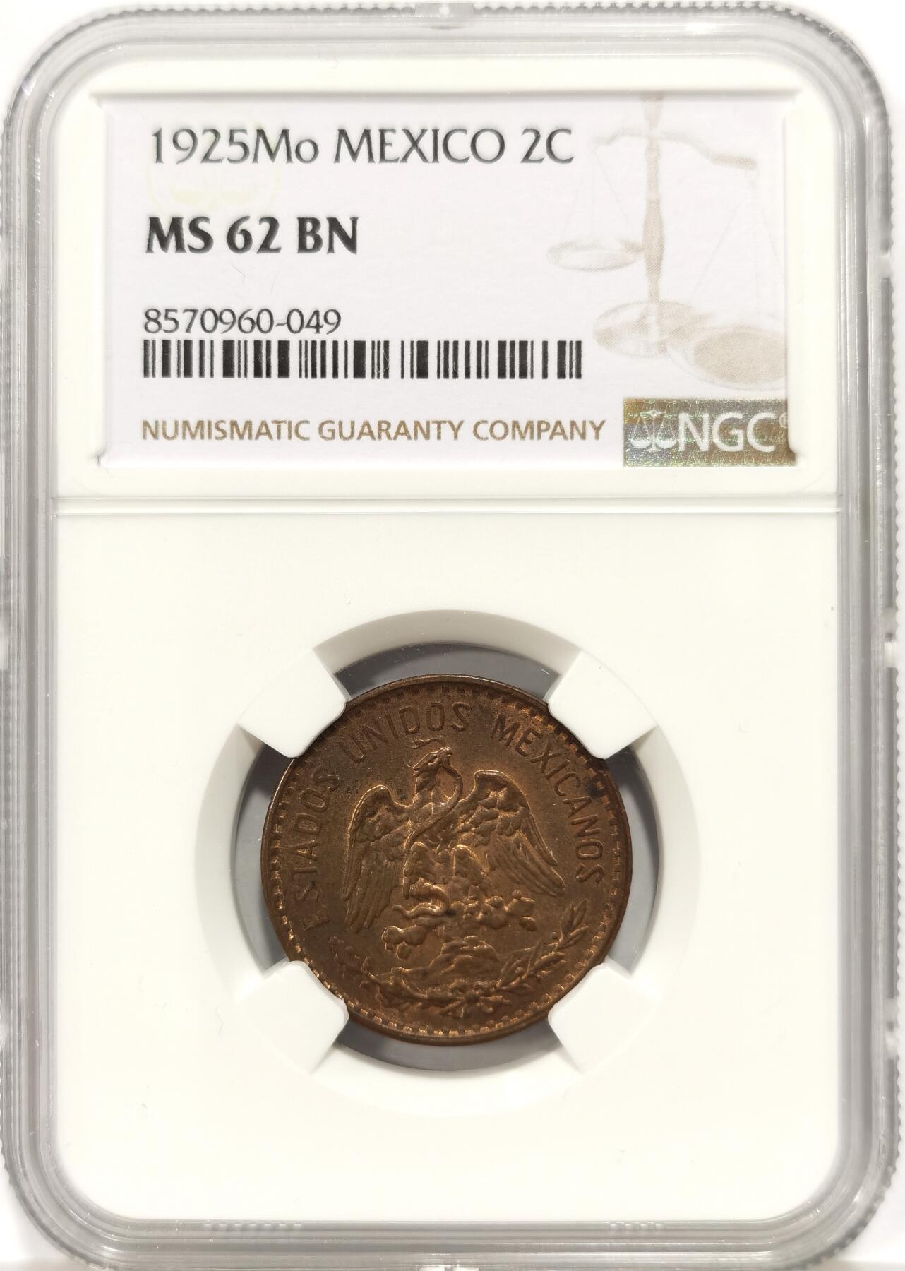 博洋堂世界钱币拍卖第147期（全场包邮） NGC MS62BN 墨西哥1925年2分铜币，带漂亮的底光，墨西哥早期都不便宜，此前稀奇61分200多元成交