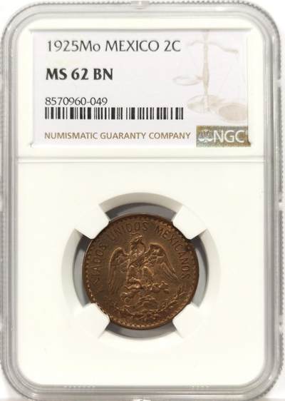 博洋堂世界钱币拍卖第147期（全场包邮） - NGC MS62BN 墨西哥1925年2分铜币，带漂亮的底光，墨西哥早期都不便宜，此前稀奇61分200多元成交