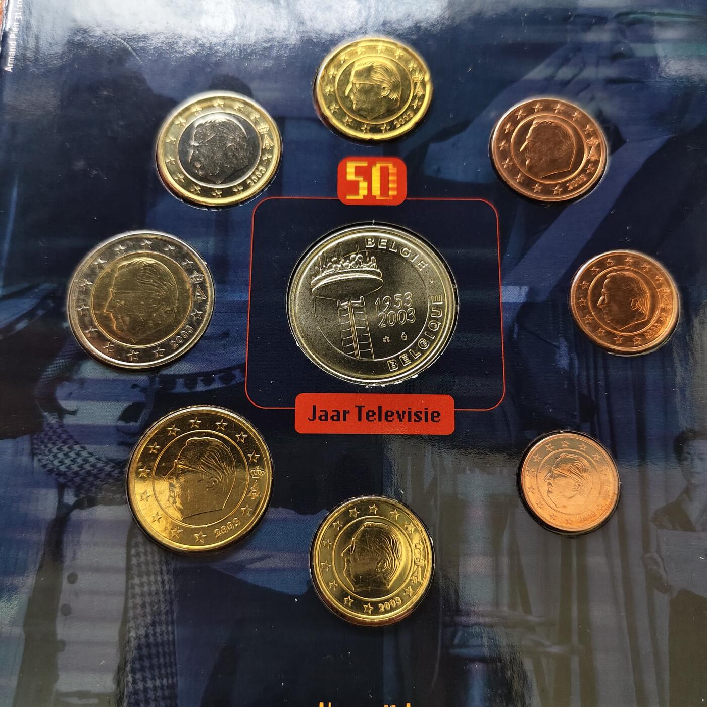 【全场包邮】纯粹捡漏拍479场（免费代拍第16场） 比利时2003年电视50周年主题官方欧元卡装年度流通套币-含纪念章