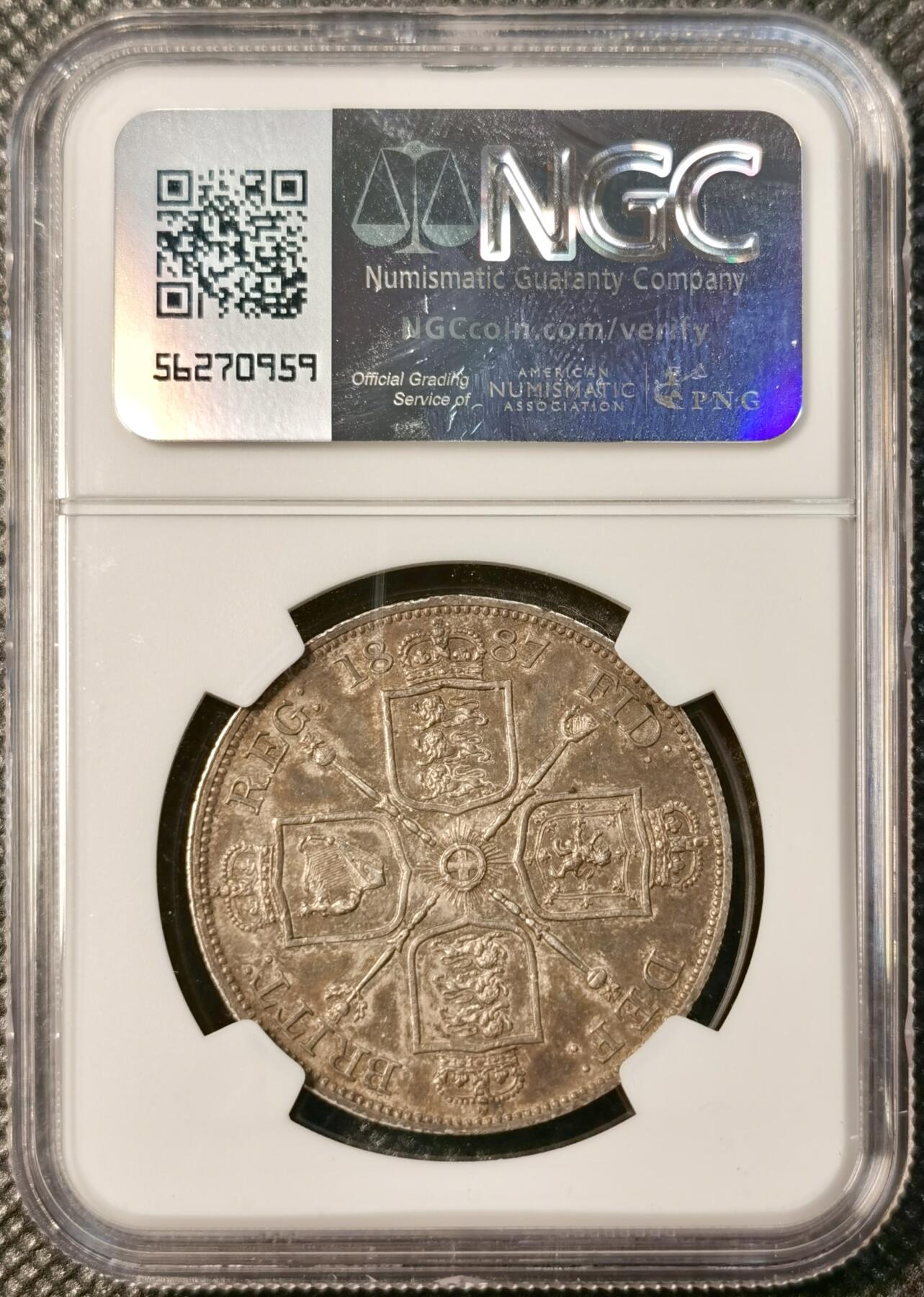 甄臻铺-世界币章拍卖（第40期）送拍享返佣金等优惠多多 NGC-AU53 英国1887年维多利亚女王高冠双弗洛林4先令大银币 深彩包浆 感觉低评了