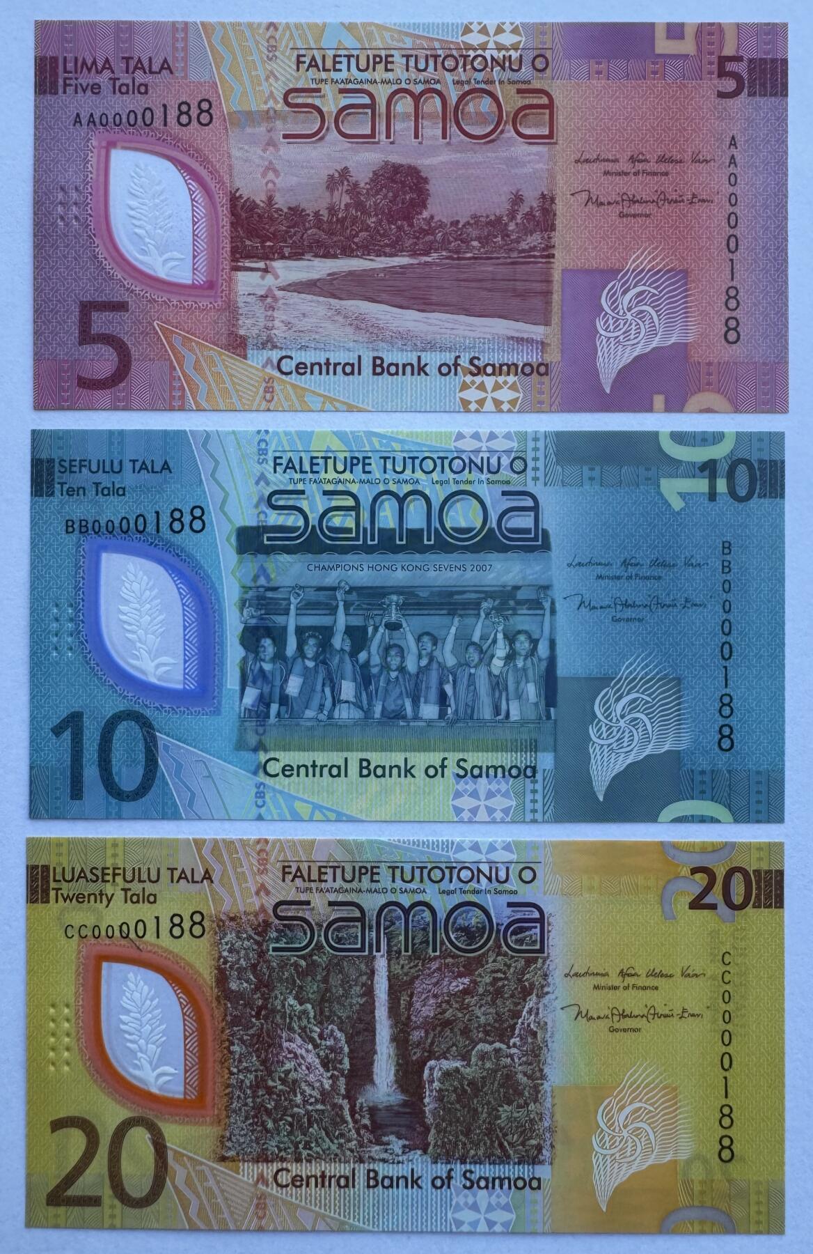 2025第25场（总第225期）：精品测试钞、纪念钞、塑料钞、连体钞综合场 首发百位小号/全同倒置号0000188 萨摩亚2023年版5、10、20塔拉塑料钞一组3枚UNC