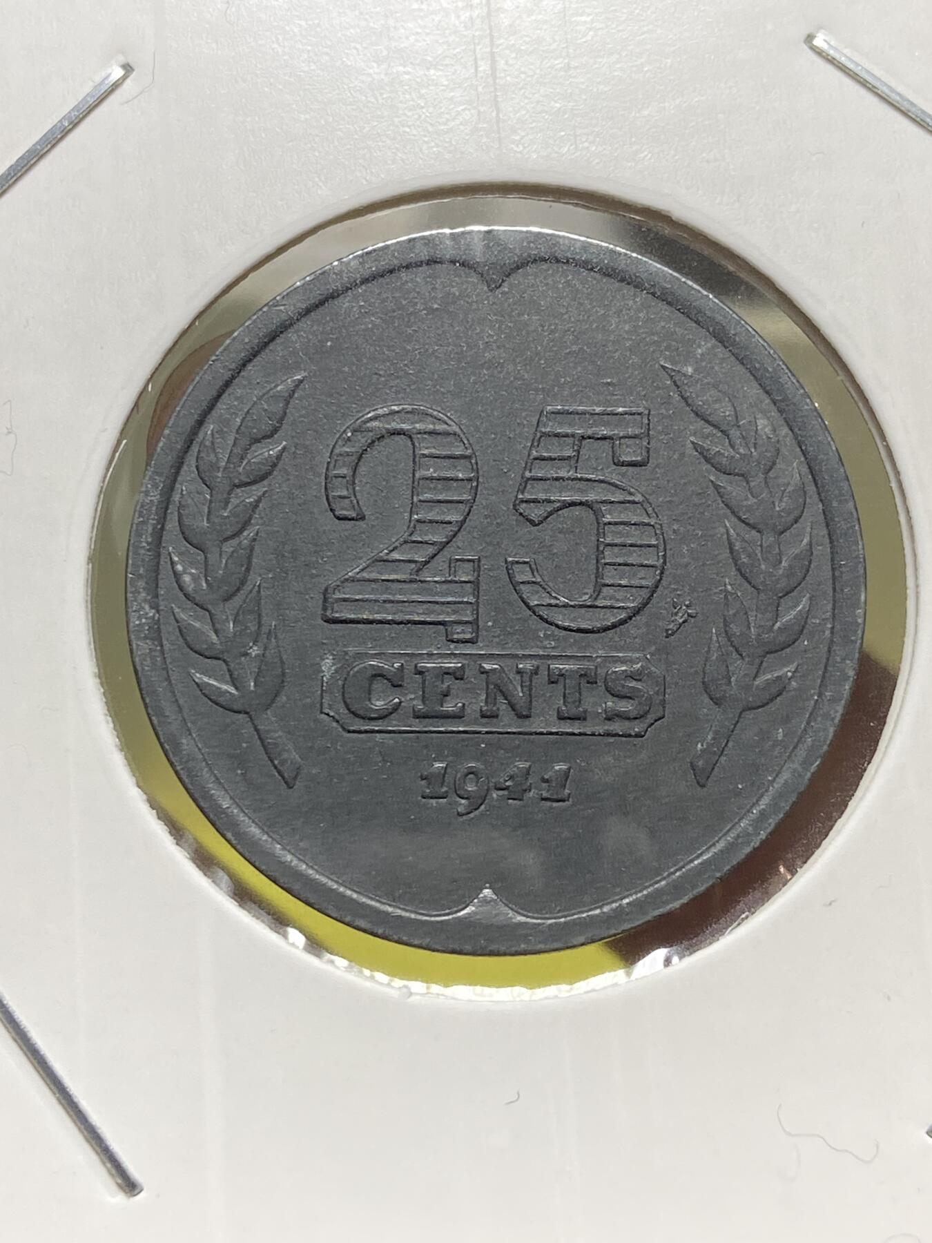 2025年第一百三十一场(总第一百五十七场）外国好品纸夹散币场(免佣金) 好品–荷兰🇳🇱1941年25分(威廉明娜女王，二战德国占领时期)