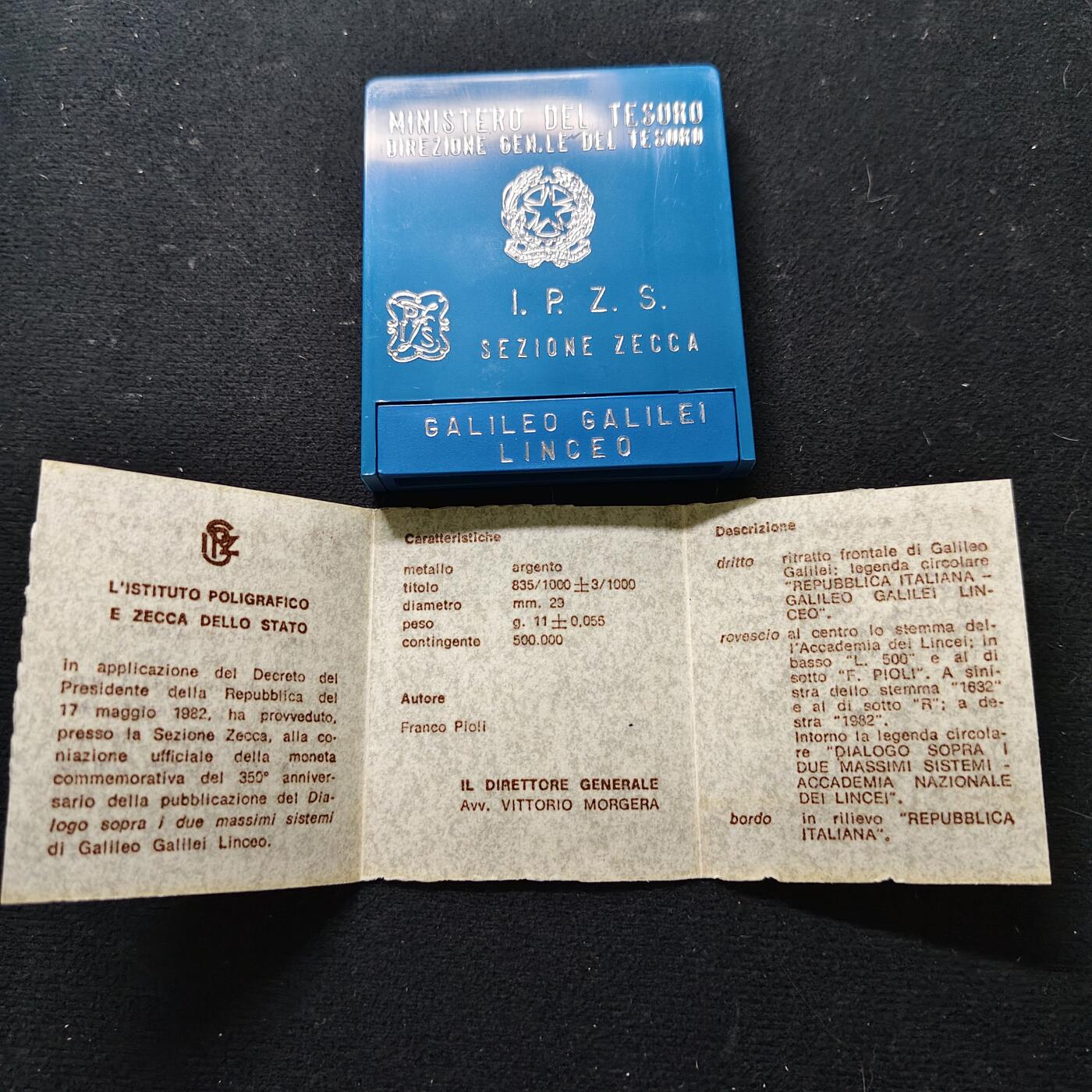 【全场包邮】纯粹捡漏拍479场（免费代拍第16场） 意大利1982年500里拉伽利略公共图书馆350周年（29.3毫米11克）纪念银币-原盒