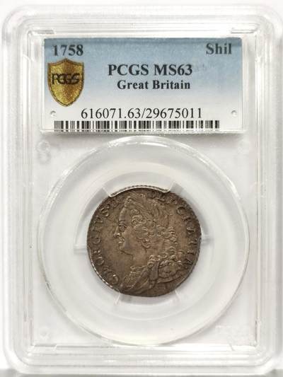 博洋堂世界钱币拍卖第147期（全场包邮） - PCGS MS63 英国1758年乔二先令银币，经典欧洲包浆，深打状态，收藏佳品。
