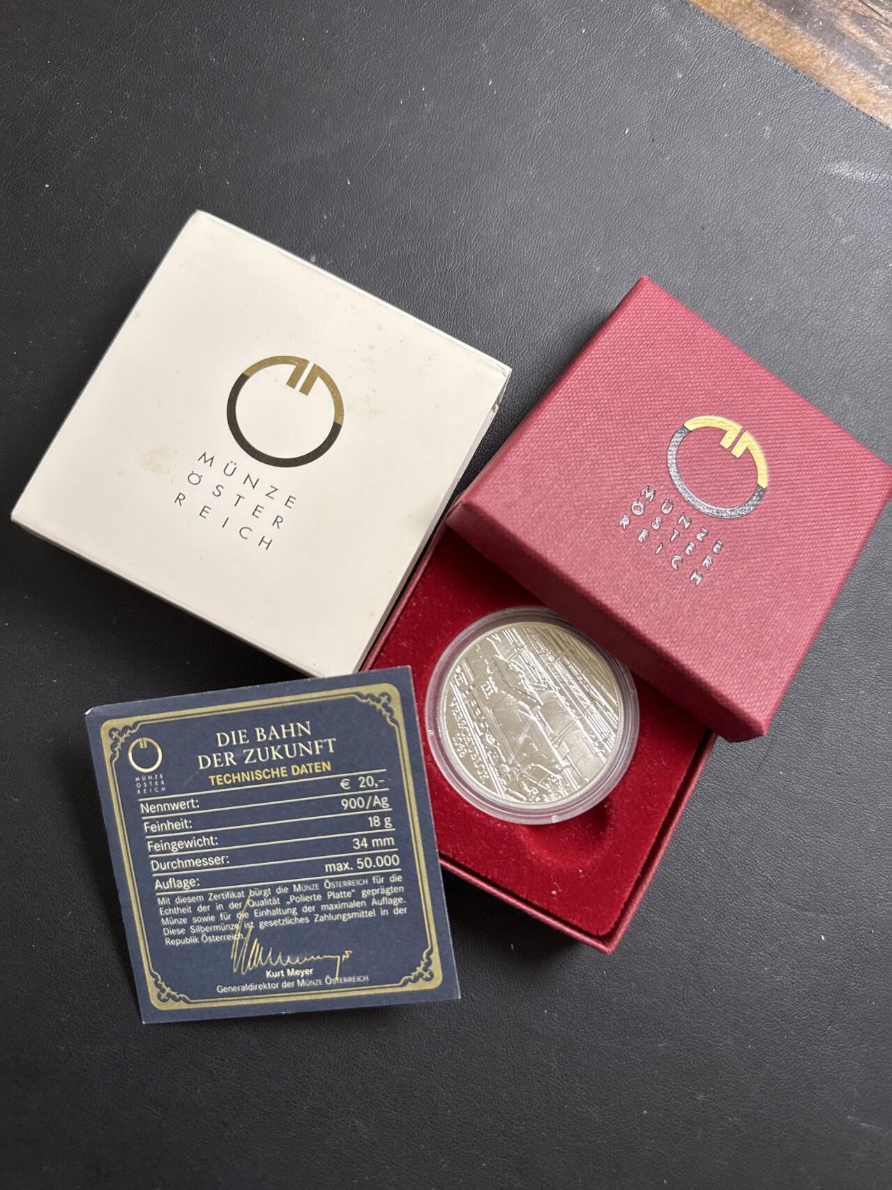 ❤️【币观天下】❤️ 第331期钱币拍卖- 2025.11.21周五晚上6点半场-长期征集拍品 原厂盒证奥地利2009年20欧元未来铁路精制银币900银20克直径34毫米