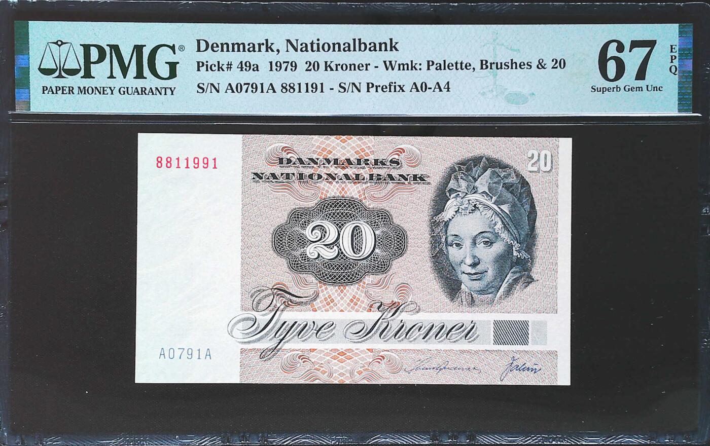 世界靓号纸钞第七十八期 1979年丹麦20克朗 靓号 倒置号 PMG67