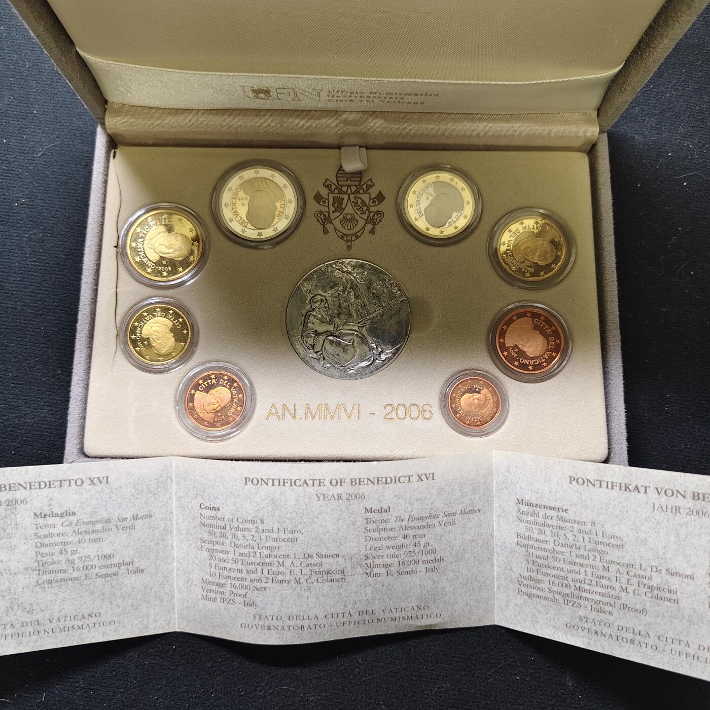 【全场包邮】纯粹捡漏拍479场（免费代拍第16场） 梵蒂冈2006年欧元官方精制套币-盒证全-含45克圣马太磨砂仿古超大纪念银章