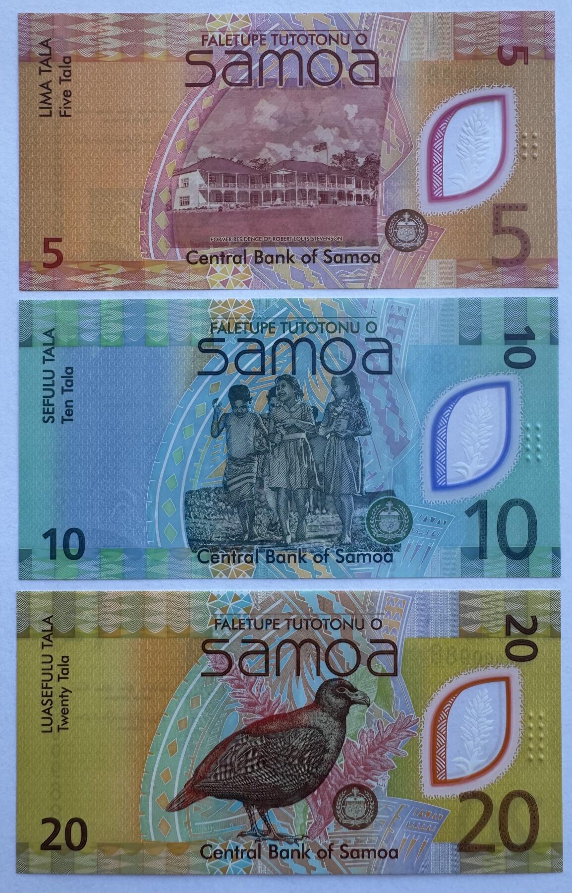 2025第25场（总第225期）：精品测试钞、纪念钞、塑料钞、连体钞综合场 首发百位小号/全同倒置号0000988 萨摩亚2023年版5、10、20塔拉塑料钞一组3枚UNC