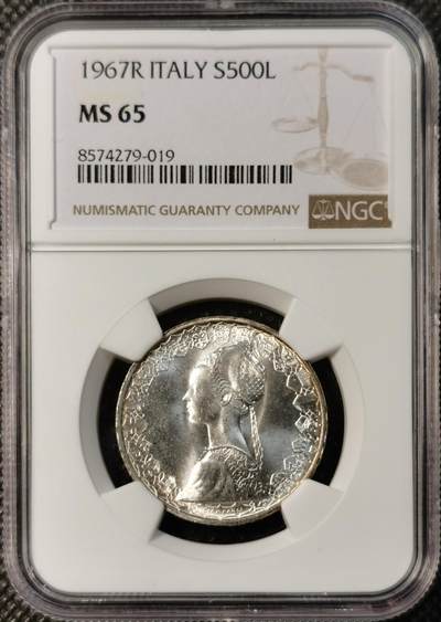 甄臻铺-世界币章拍卖（第40期）送拍享返佣金等优惠多多 - NGC-MS65 1967年意大利500里拉帆船少女，卷拆银光熠熠