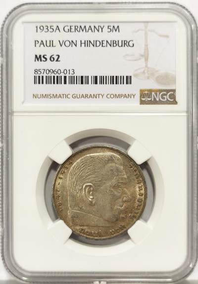 博洋堂世界钱币拍卖第147期（全场包邮） - NGC MS62 德国1935A兴登堡5马克银币，包浆美品略带淡彩，状态好