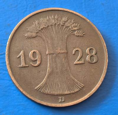 外国优质老铜币银币，周六九点倒数截拍，满百包邮，可寄存半年，喜欢朋友微信扫描二维码可直接参拍 - 魏玛时期德国1928年1芬尼D版