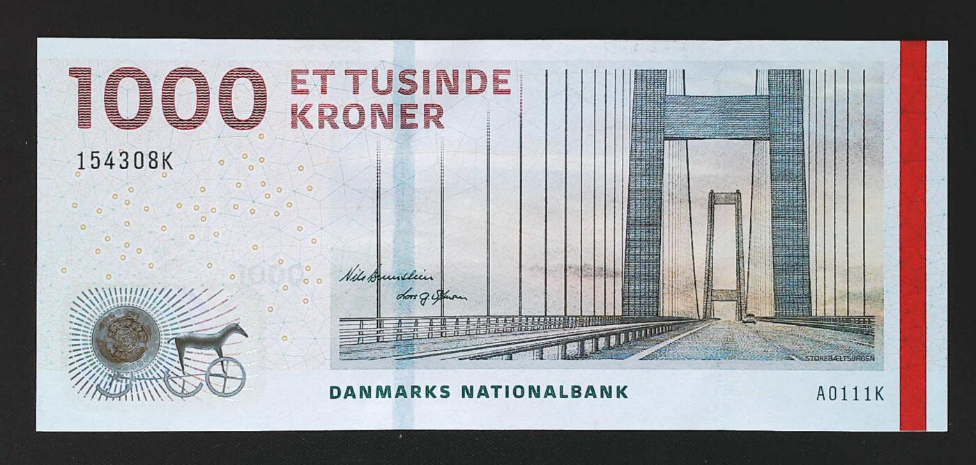 世界靓号纸钞第七十八期 2011年丹麦1000克朗  首发年份 稀少A0首发冠 全新UNC