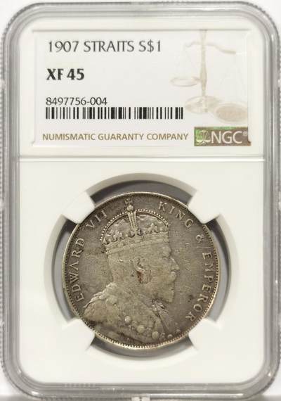 博洋堂世界钱币拍卖第147期（全场包邮） - NGC XF45 1907海峡殖民地爱德华七世一元小样，原味酱彩45分，老味道品质好