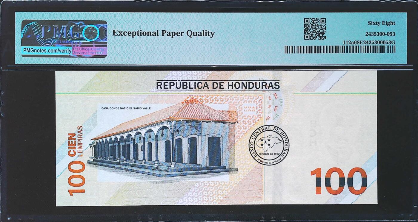 世界靓号纸钞第七十八期 2022年洪都拉斯100伦皮 次大面值 豹子号888 PMG68 超高分 冠军分 仅五张