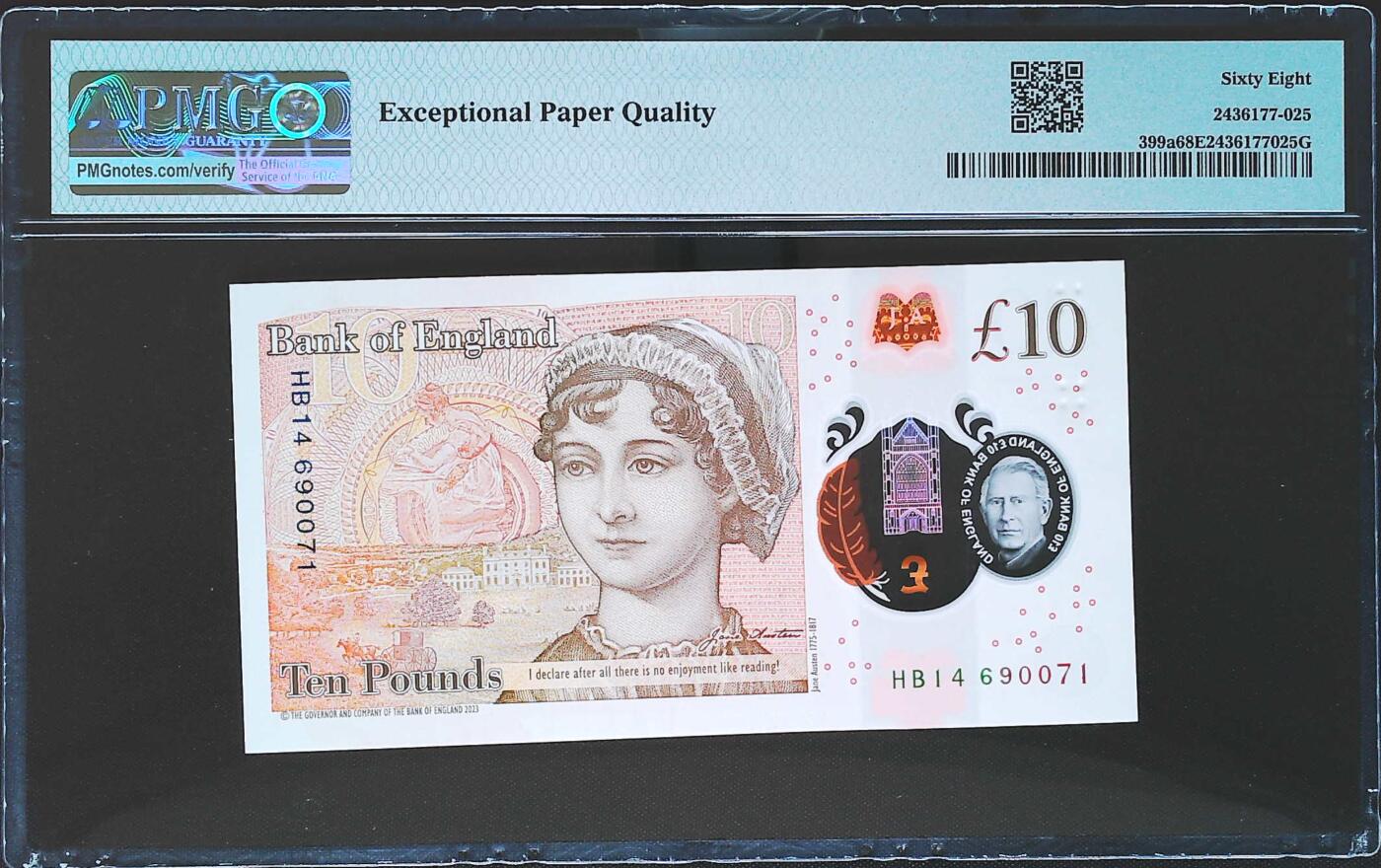 世界靓号纸钞第七十八期 2024年英国英格兰银行10镑 PMG68 超高分 新版英镑当中最难找的一张
