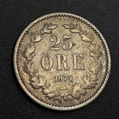 【淘币小摊】实时拍第八百零一拍   散币场   满百包邮可预留二周 每周一统一发货   - 瑞典1874年25欧尔银币