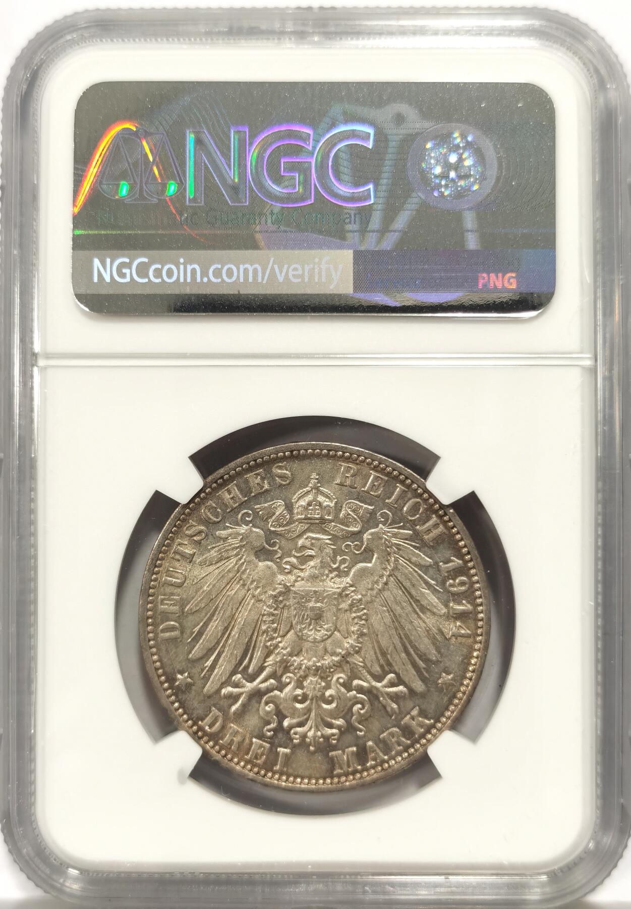 博洋堂世界钱币拍卖第147期（全场包邮） NGC MS61 德国符腾堡1914年威廉二世3马克银币 发丝胡子清晰 包浆自然