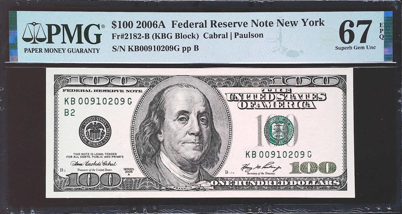 世界靓号纸钞第七十八期 2006年美国100元 大头100 全程无3457 PMG67