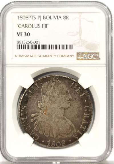 博洋堂世界钱币拍卖第147期（全场包邮） - NGC VF30 西属玻利维亚卡洛斯四世1808 8里亚尔 老包浆美品