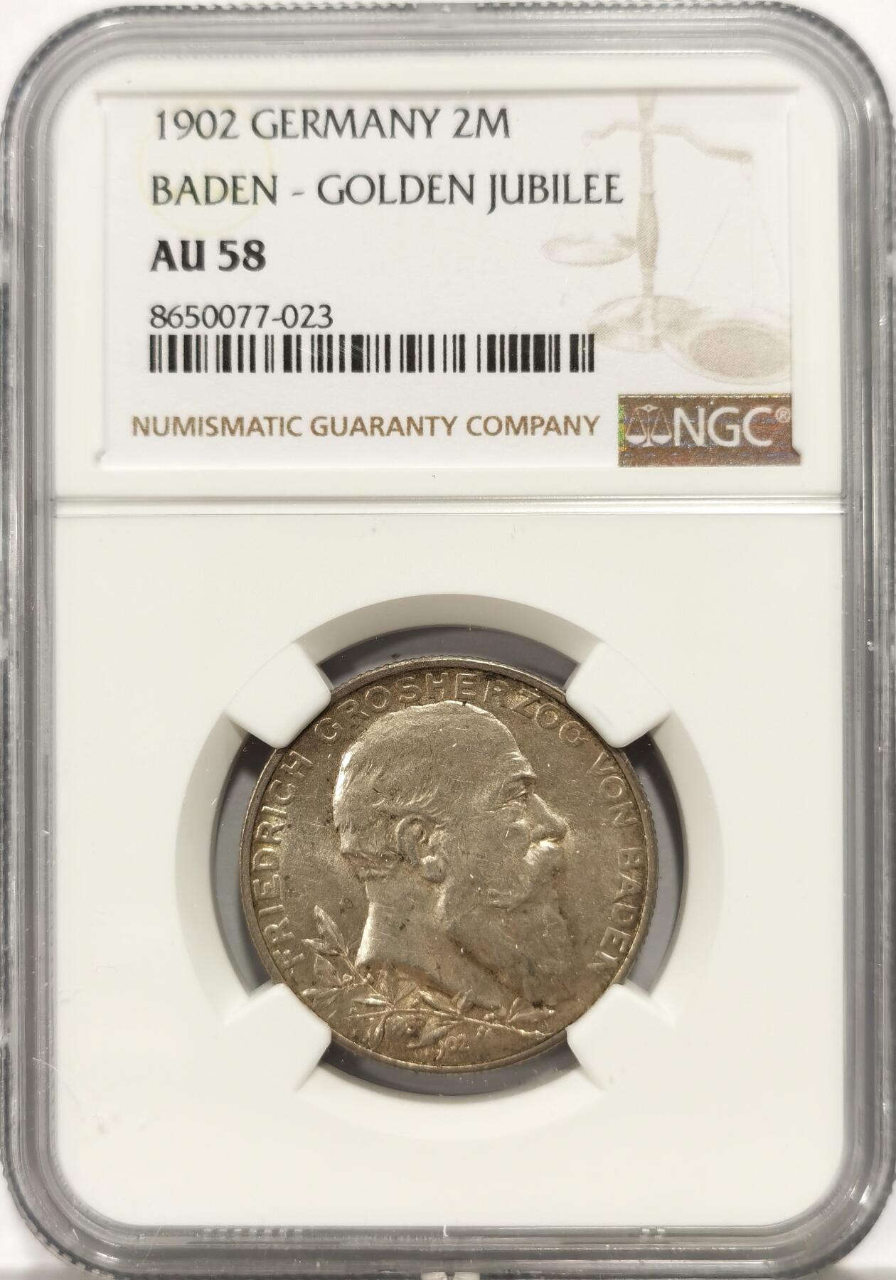 博洋堂世界钱币拍卖第147期（全场包邮） NGC AU58 德国巴登1902年登基纪念2马克银币 转光细节很好
