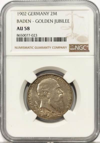 博洋堂世界钱币拍卖第147期（全场包邮） - NGC AU58 德国巴登1902年登基纪念2马克银币 转光细节很好