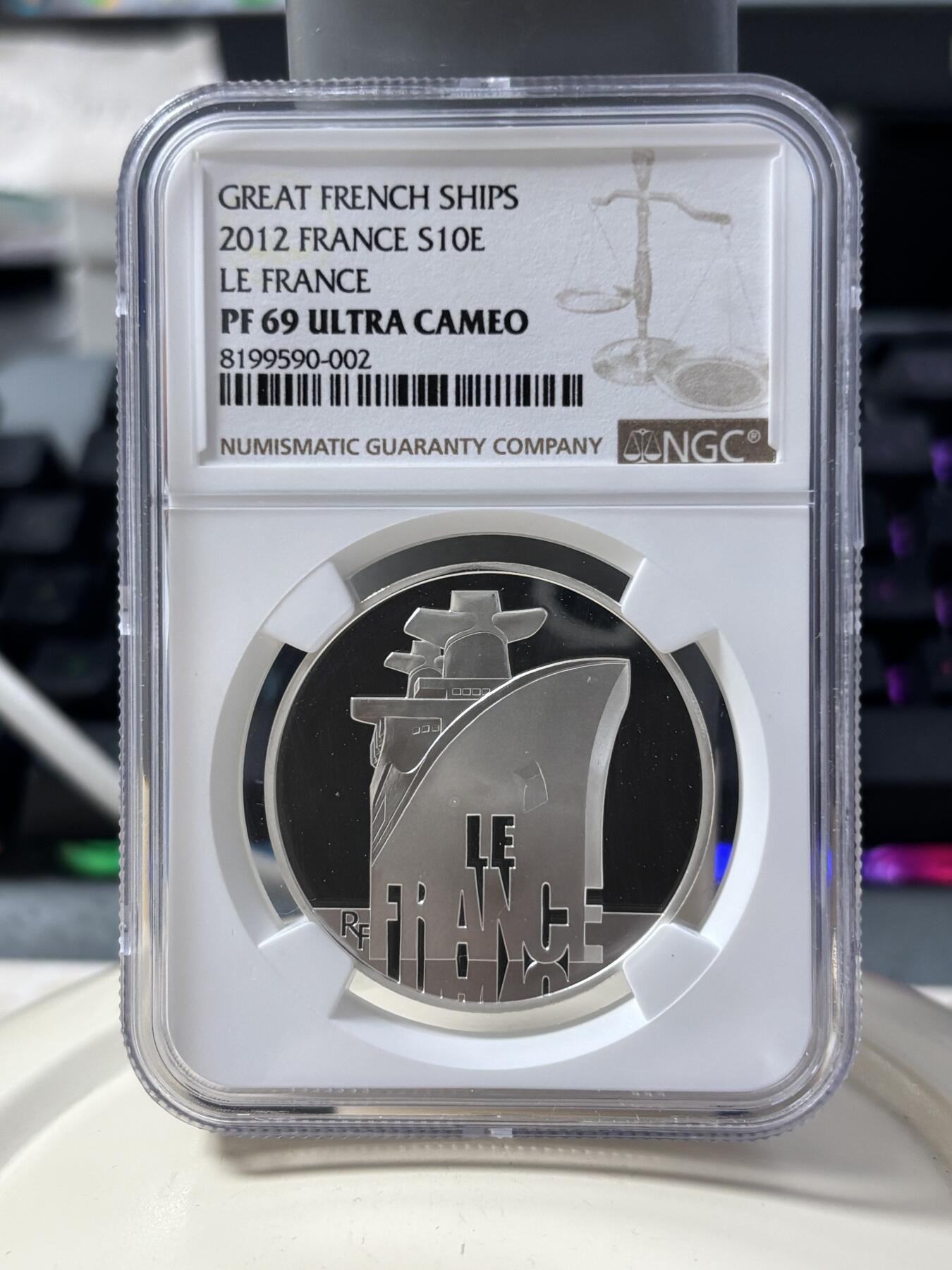 第182期拍卖 获奖法国2012年伟大船舶法兰西号邮轮银币NGC-PF69无盒无证书，900银，22.2克，发行10000枚，获年度最佳银币