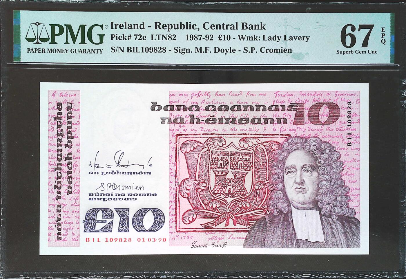 世界靓号纸钞第七十八期 1987-92年爱尔兰10镑 全程无3457尾8 PMG67 超高分