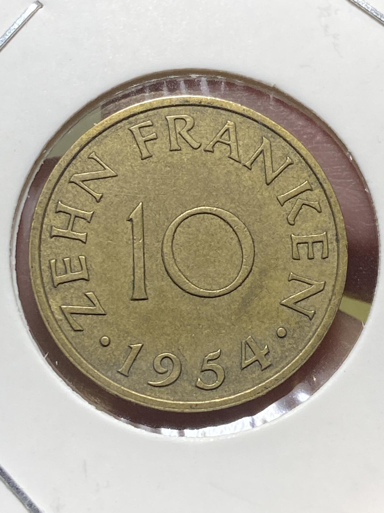2025年第一百三十一场(总第一百五十七场）外国好品纸夹散币场(免佣金) 法占德国萨尔州1954单年份10法郎