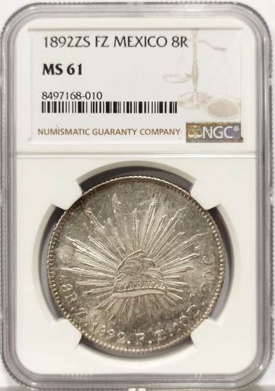 博洋堂世界钱币拍卖第147期（全场包邮） - NGC MS61 墨西哥1892年ZS FZ花边鹰洋8瑞尔银币，状态极佳。