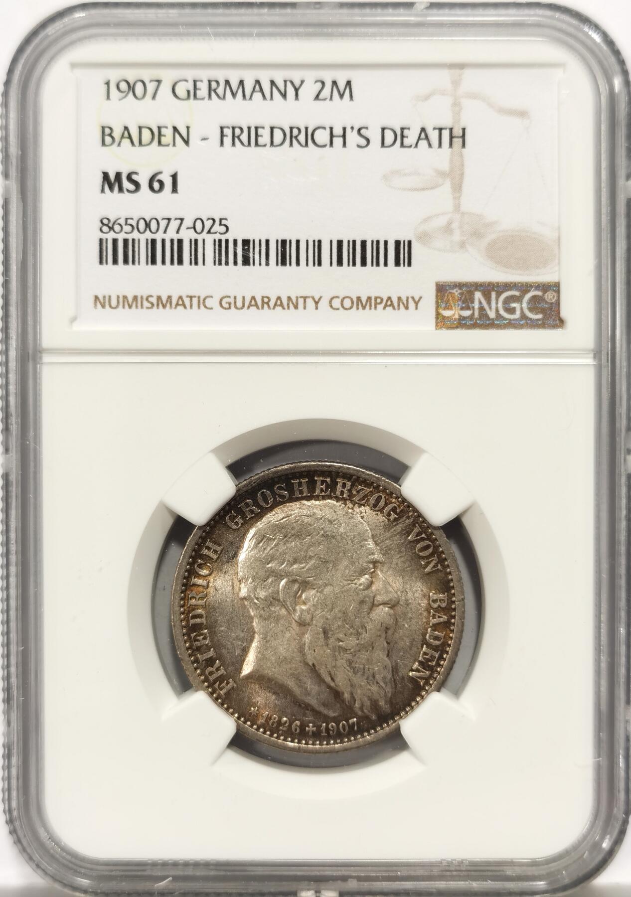 博洋堂世界钱币拍卖第147期（全场包邮） NGC MS61 德国巴登1907年逝世纪念2马克银币 转光明显 包浆自然