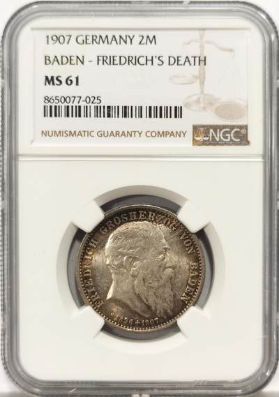 博洋堂世界钱币拍卖第147期（全场包邮） - NGC MS61 德国巴登1907年逝世纪念2马克银币 转光明显 包浆自然