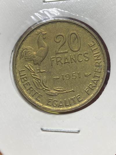 2025年第一百三十一场(总第一百五十七场）外国好品纸夹散币场(免佣金) - 法兰西第四共和国1951年20法郎(4plumes–4羽)