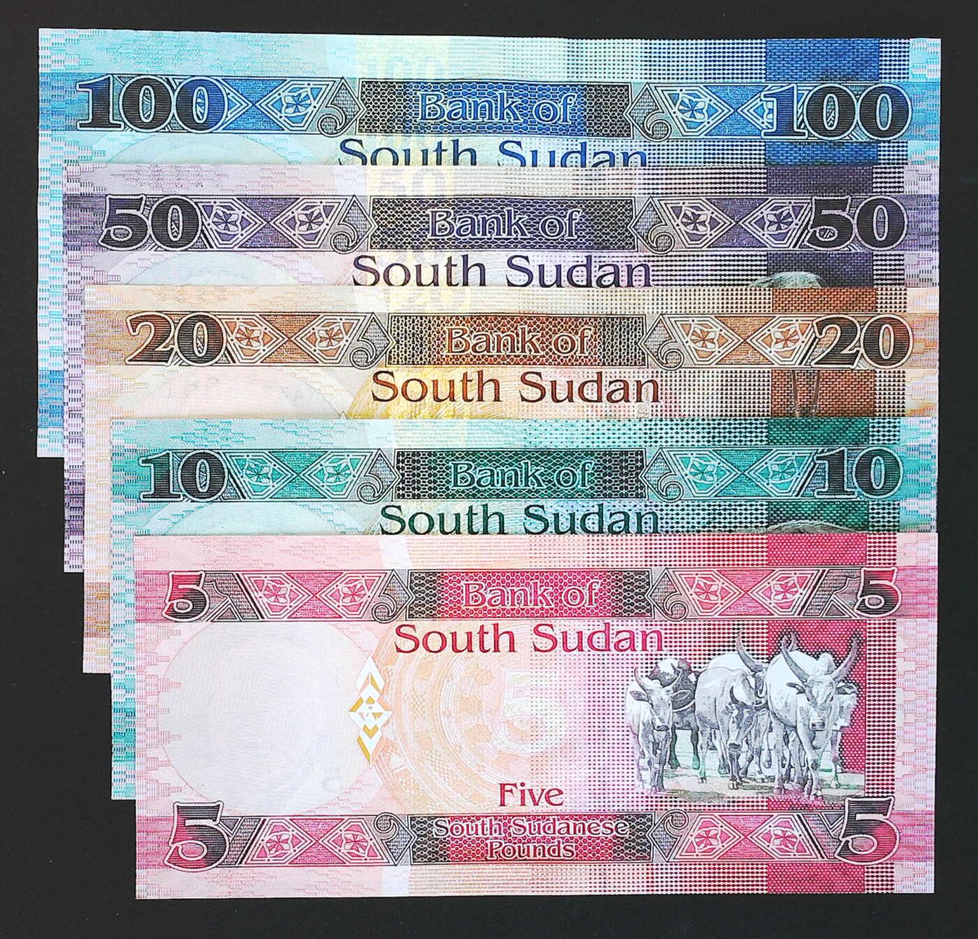 世界靓号纸钞第七十八期 2015年南苏丹5-10-20-50-100镑全套 尾2同 全新UNC