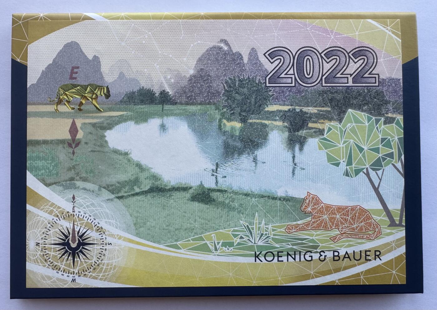 2025第25场（总第225期）：精品测试钞、纪念钞、塑料钞、连体钞综合场 德国高宝KOENIG&BAUER 2022年限量版凹印台历UNC（含原装信封和宣传册）