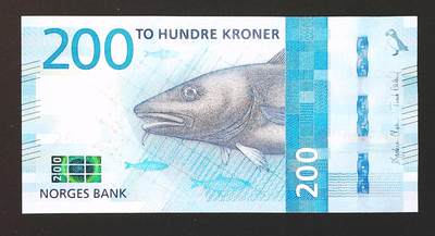 世界靓号纸钞第七十八期 - 2016年挪威200克朗 新版咸鱼 全新UNC