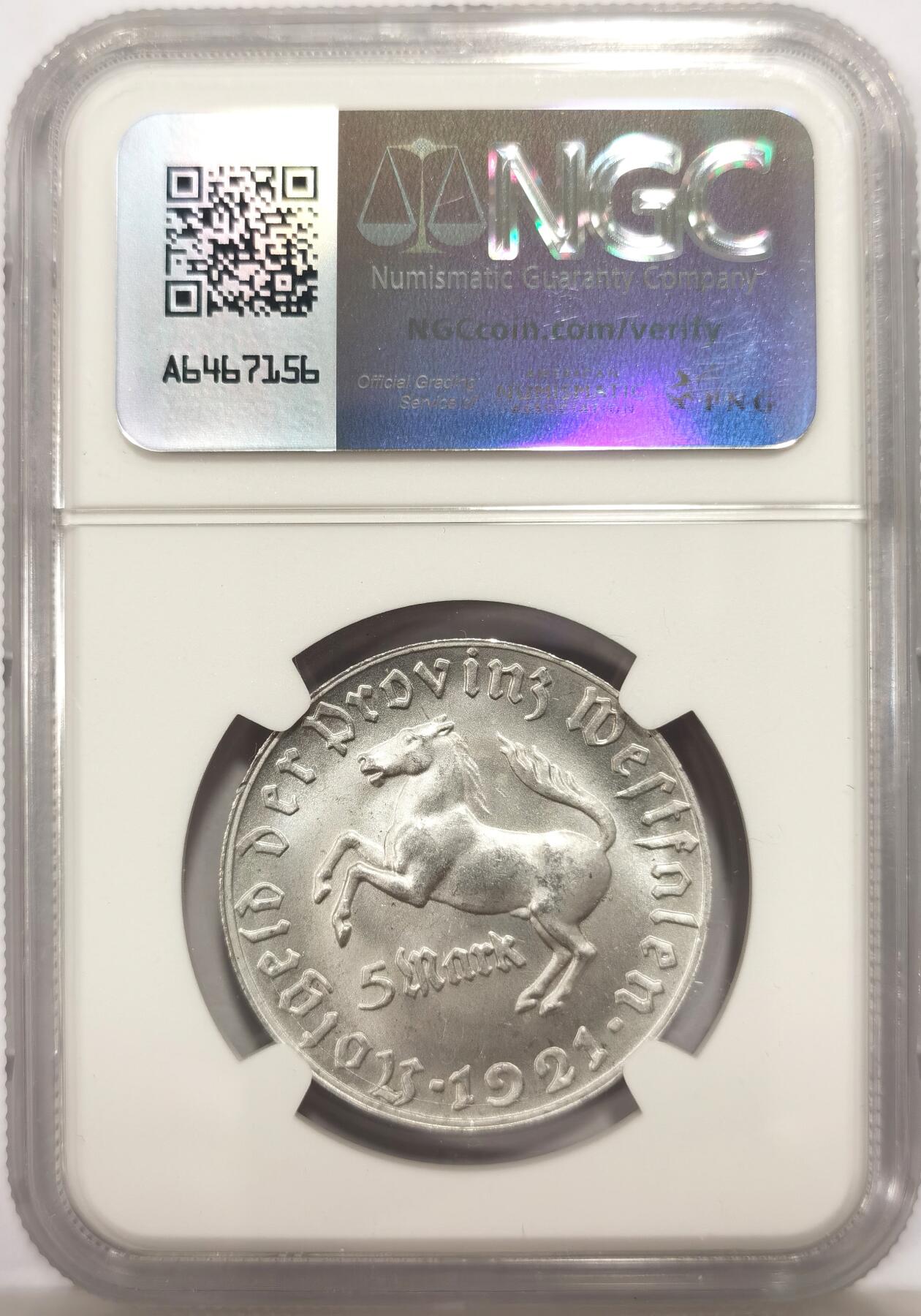 博洋堂世界钱币拍卖第147期（全场包邮） NGC MS64 德国德紧威斯特法伦1921五马克铝币，BU曝光状态，暴力转光，底板干净，非常漂亮的一枚，足够自藏了，5月份一枚65分的含佣700左右成交，状态相差无几