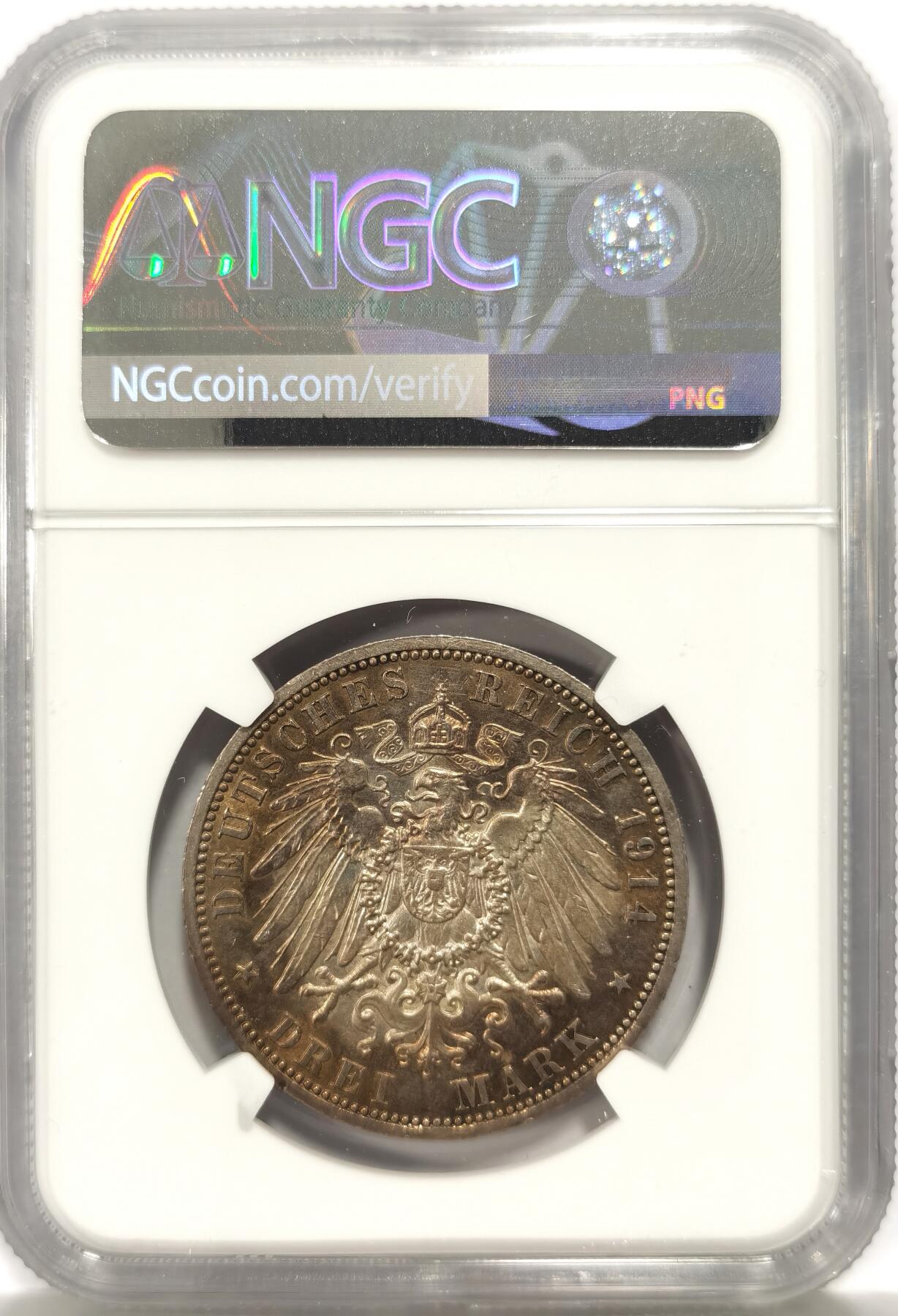 博洋堂世界钱币拍卖第147期（全场包邮） NGC AU55 德国普鲁士1914年威廉二世军装3马克银币